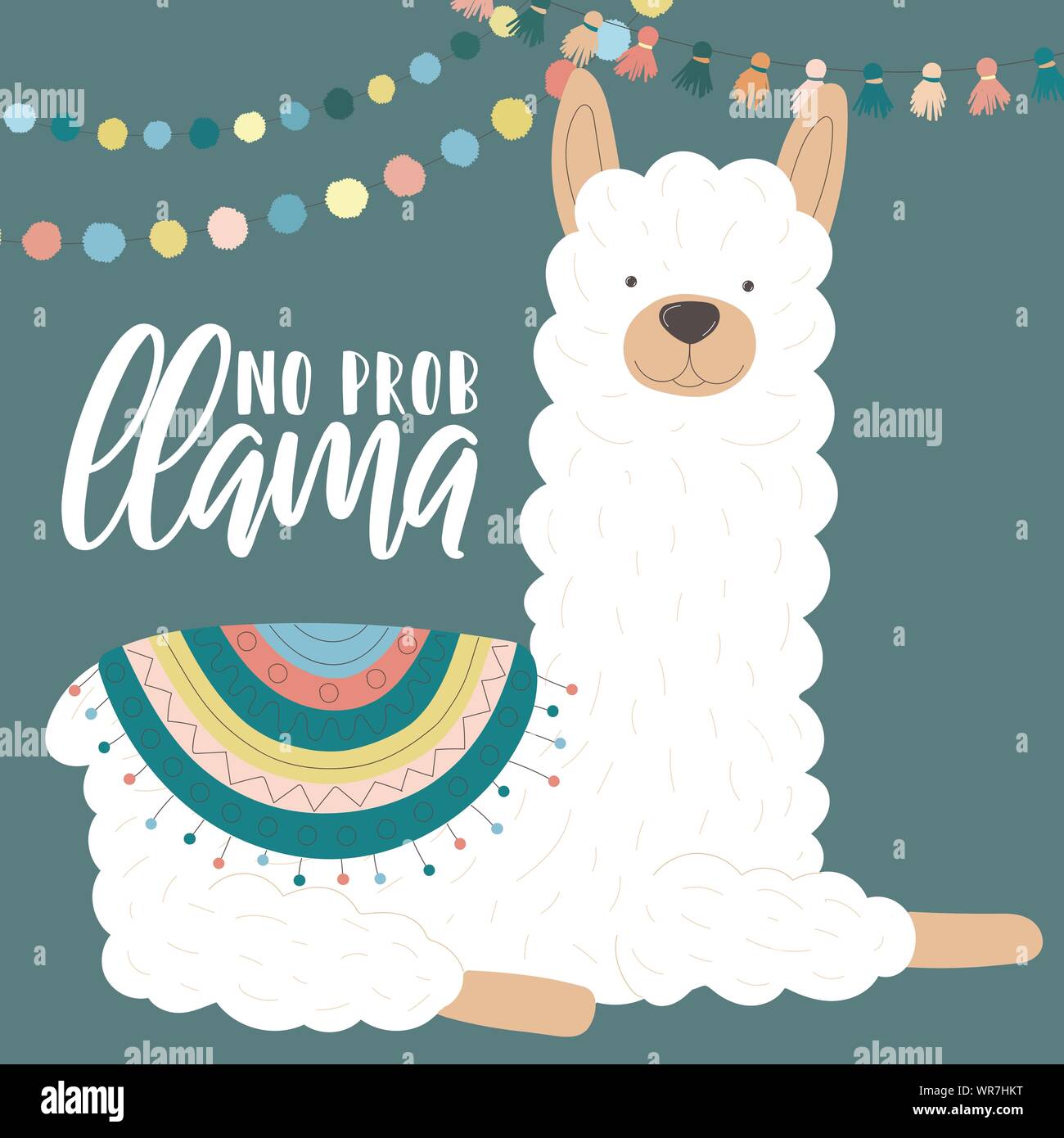 Vector Illustration eines weißen Alpaca in der Kleidung mit nationalen Südamerikanischen Motive, Dekorationen mit einer Inschrift, kein prob Llama. Bild für Kinder Stock Vektor