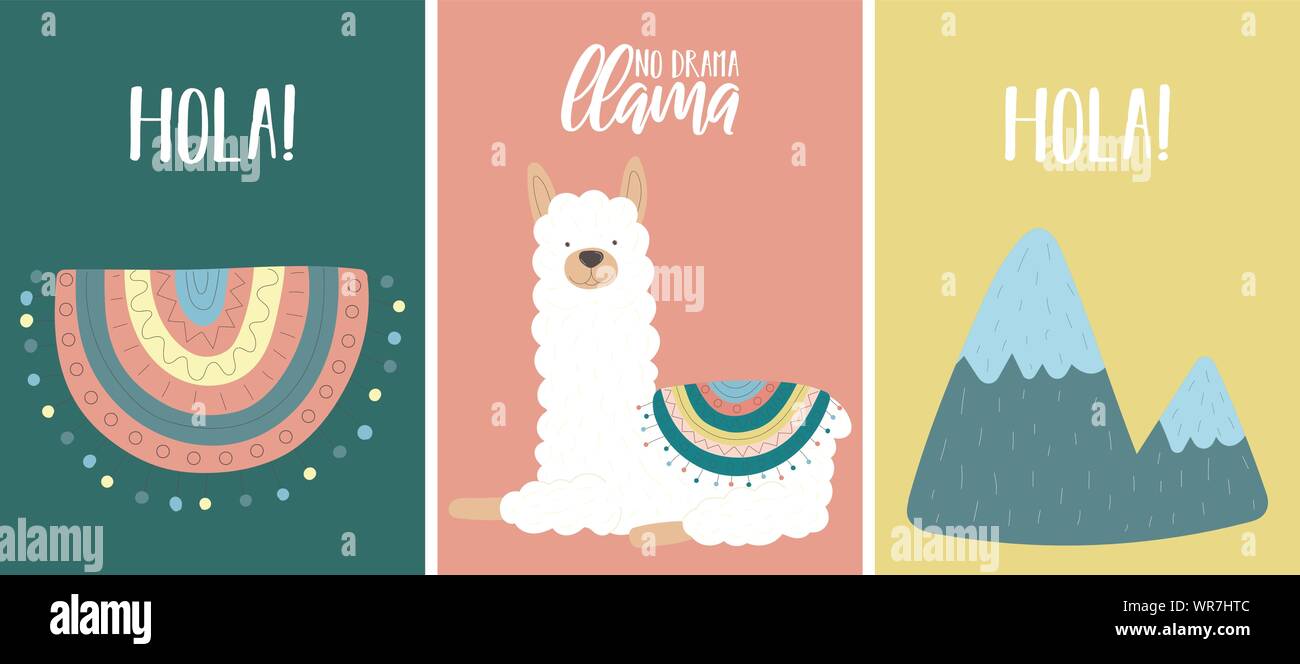 Sammlung von Vektor Karten mit einem weißen Lama oder Alpaka, Berge, ein Poncho. Abbildung auf Südamerikanischen Thema für Kinder, Karten, Einladung, Pr Stock Vektor