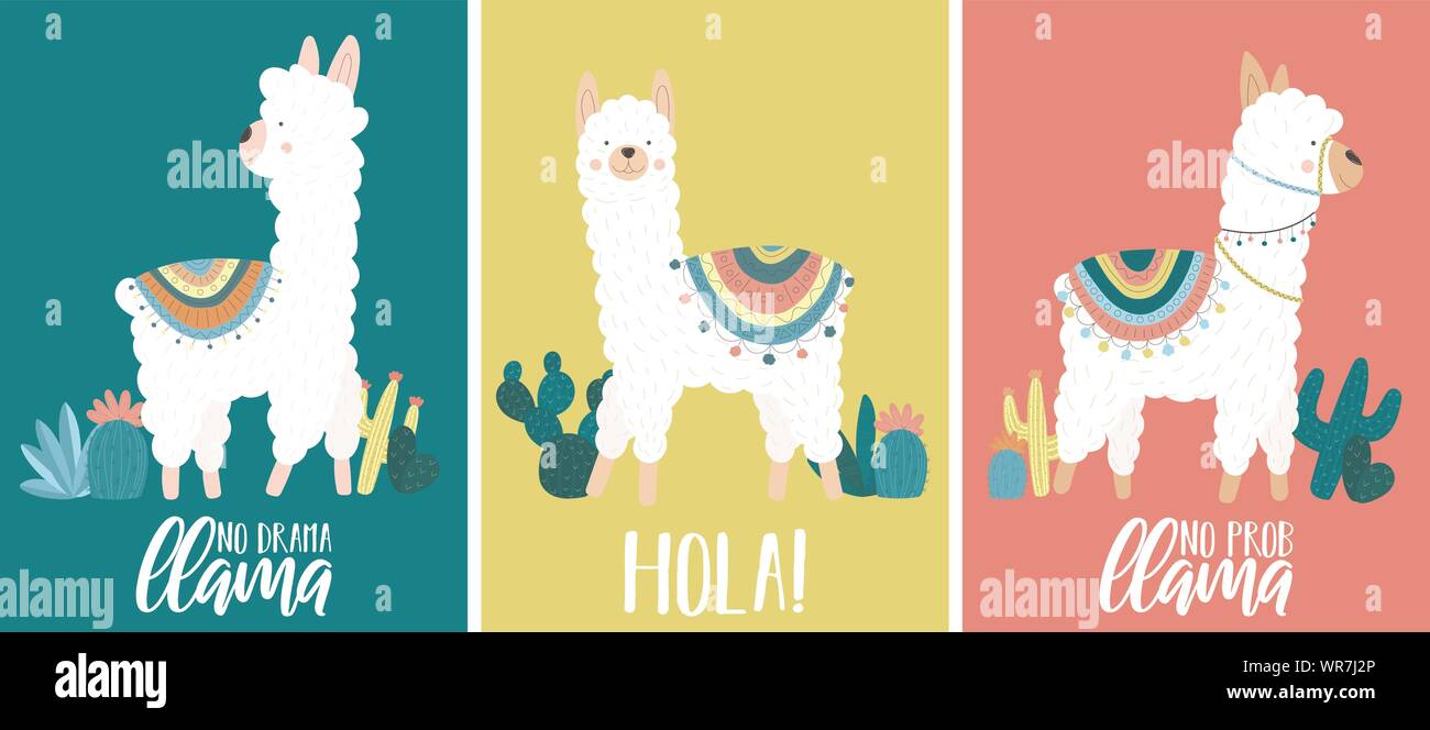 Sammlung von Vektor Karten mit einem weißen Lamas oder Alpakas und Kakteen. Abbildung auf Südamerikanischen Thema für Kinder, Karten, Einladung, Drucken, text Stock Vektor
