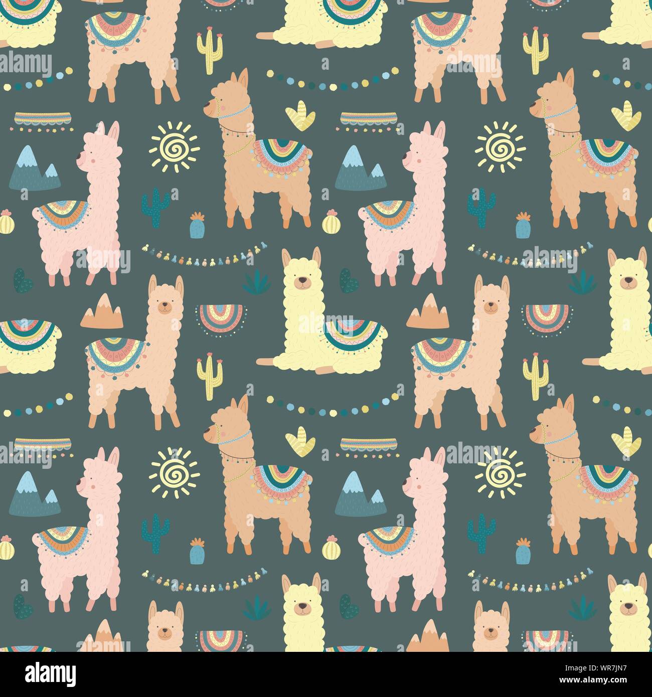 Nahtlose Muster mit mehrfarbigen Lamas oder Alpakas, Berge, Kakteen, Garland und Sonne auf einem dunklen Hintergrund. Bild für Kinder, Textil, Kleidung, c Stock Vektor