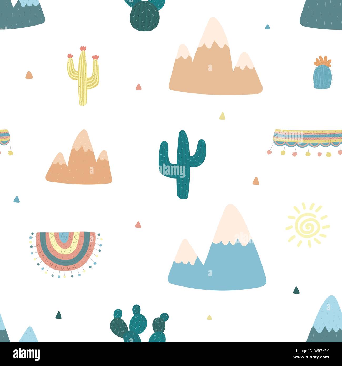 Nahtlose Muster von Hand gezeichnete Kakteen, Berge, Sonne, Kleidung für Lama mit Südamerikanischen Motive gegen einen hellen Hintergrund. Illustration für Kinder Stock Vektor