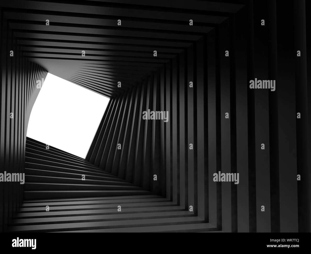 Abstrakte dunklen Tunnel Hintergrund, twisted Interieur mit weißen rechteckigen Fenster am Ende 3D Rendering illustration Stockfoto