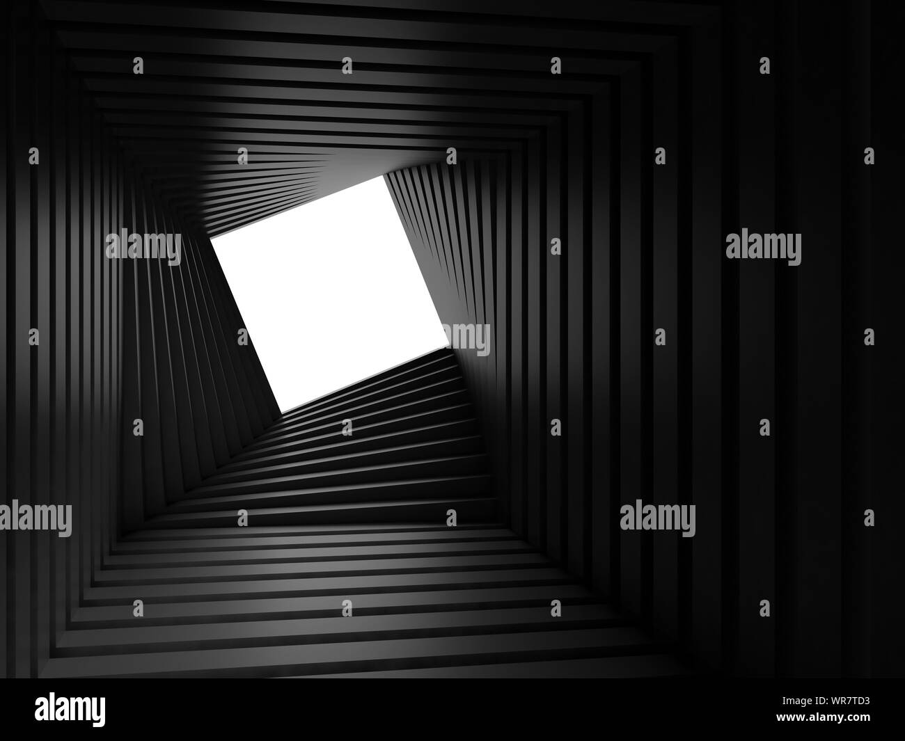 Abstrakte Dark Twisted tunnel Innenraum mit weißen rechteckigen Fenster am Ende, parametrische geometrischen Hintergrund. 3D Rendering illustration Stockfoto