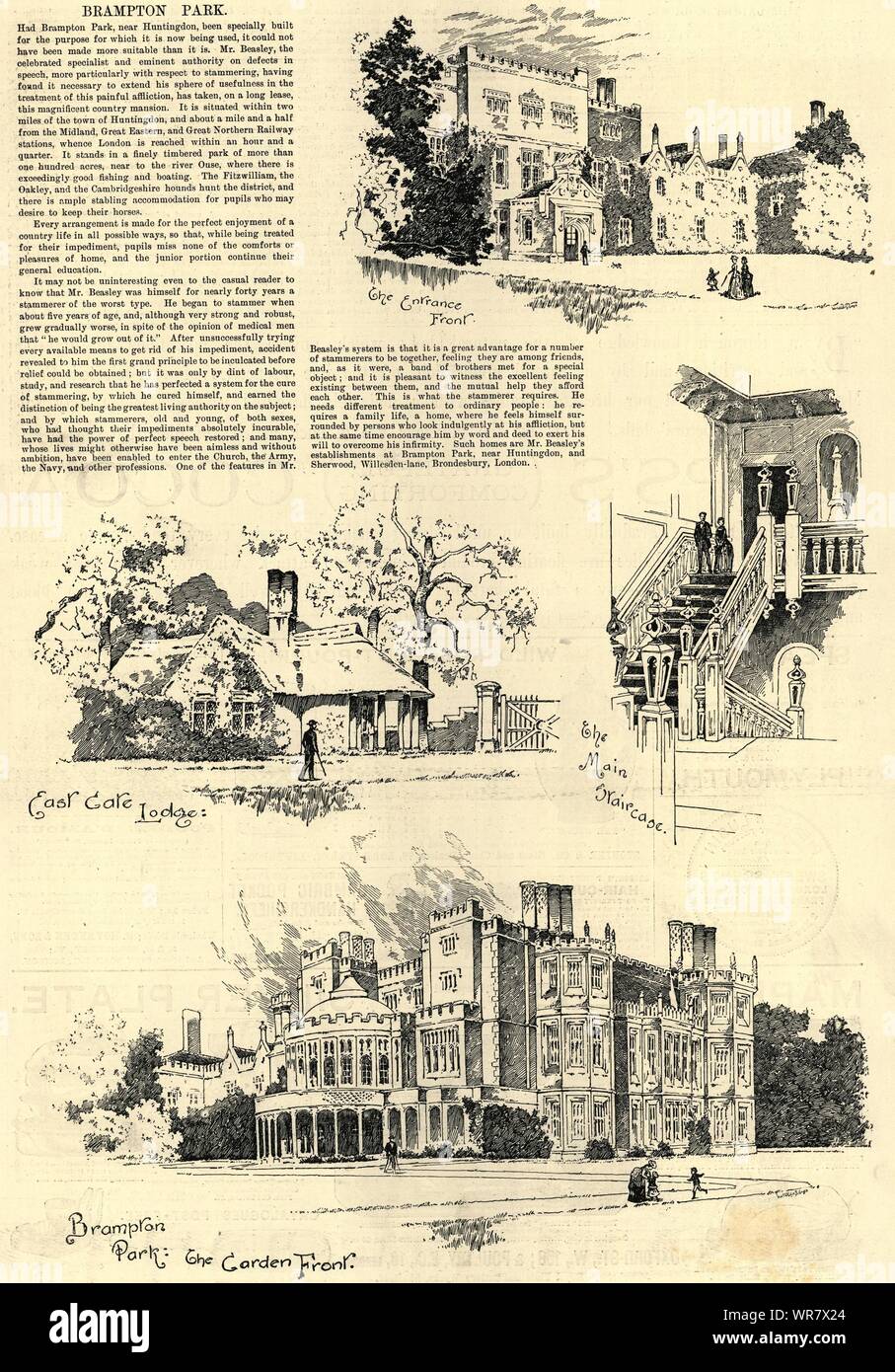 Brampton Park. East Gate Lodge. Eingang & Garten Fronten. Huntingdon, Cambs 1889 Stockfoto