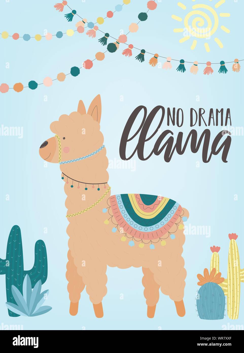 Vector Illustration einer Handgezeichneten beige Alpaka in nationalen Südamerikanischen Kleidung mit Dekorationen, Kakteen, Beschriftung kein Drama llama. Bild für Ch Stock Vektor
