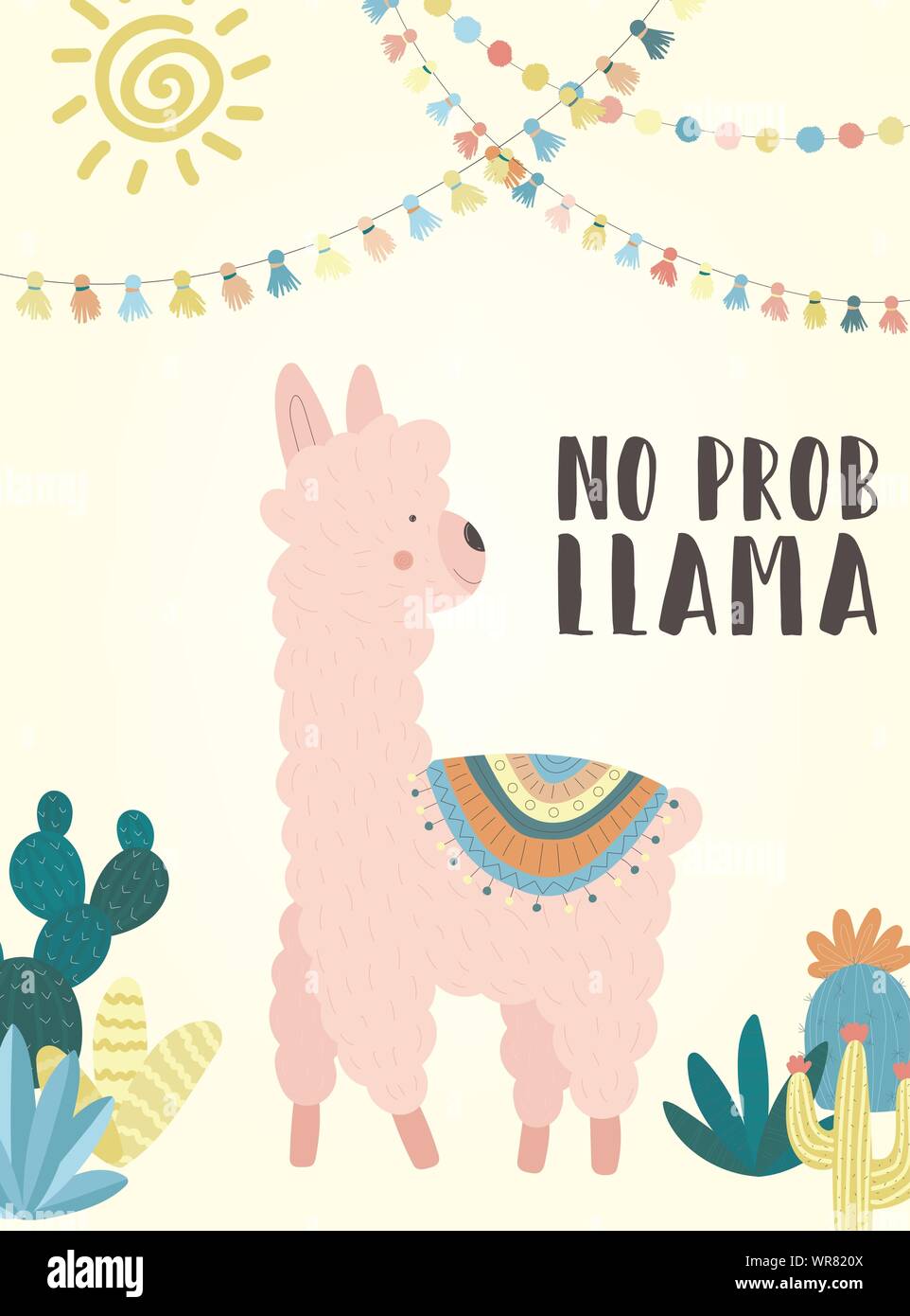 Vector Illustration einer Handgezeichneten rosa Alpaka in nationalen Südamerikanischen Kleidung mit Dekorationen, Kakteen, Sun, Beschriftung kein prob Llama. Bild für Stock Vektor