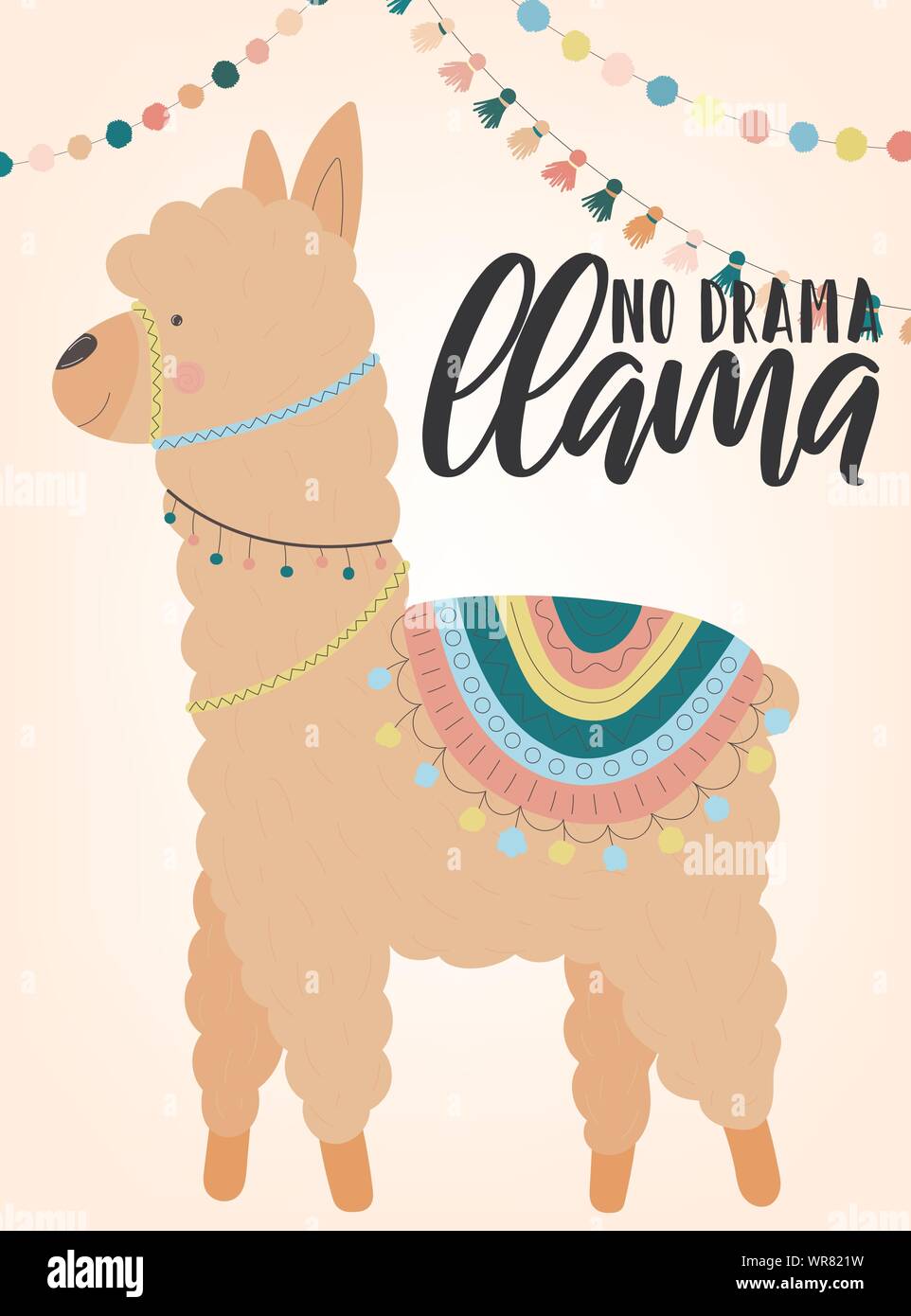 Ein Vektor Illustration einer Handgezeichneten beige Alpaka in nationalen Südamerikanischen Kleidung mit Dekorationen und Inschrift kein Drama Llama. Bild für Chil Stock Vektor