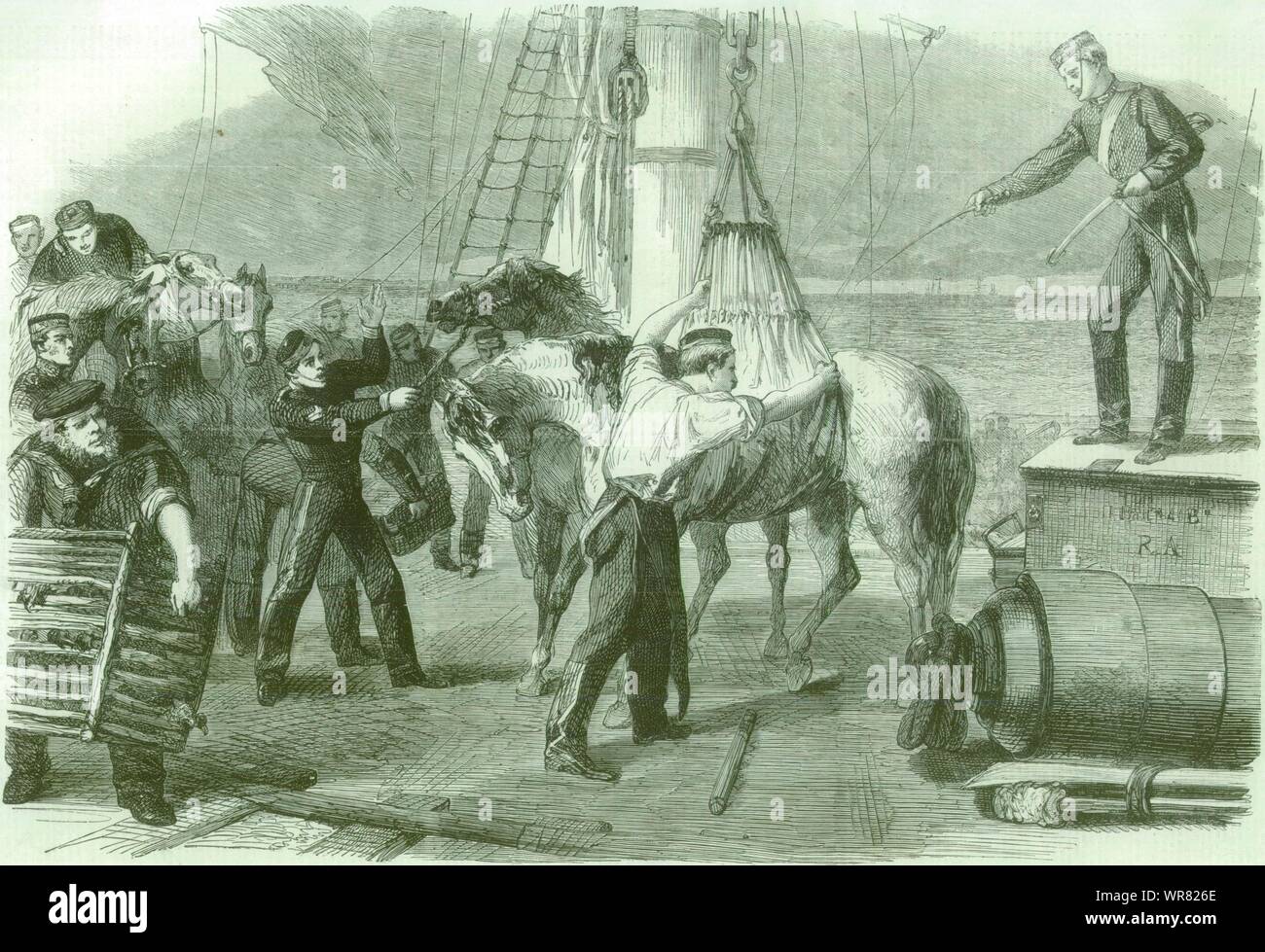 Kanada Verstärkungen: Versand Pferde Woolwich hydraulischen Kran. London 1862 Stockfoto