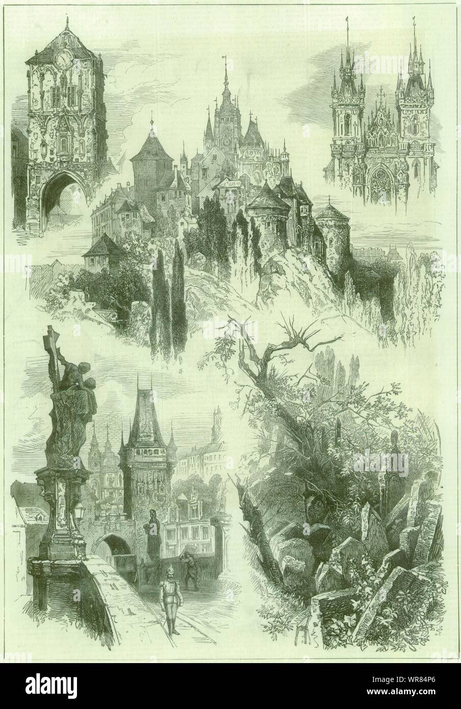 Prag. Pulverturm. Karl's Bridge. Hradschin. Teynkirche. Tschechische Republik 1876 Stockfoto