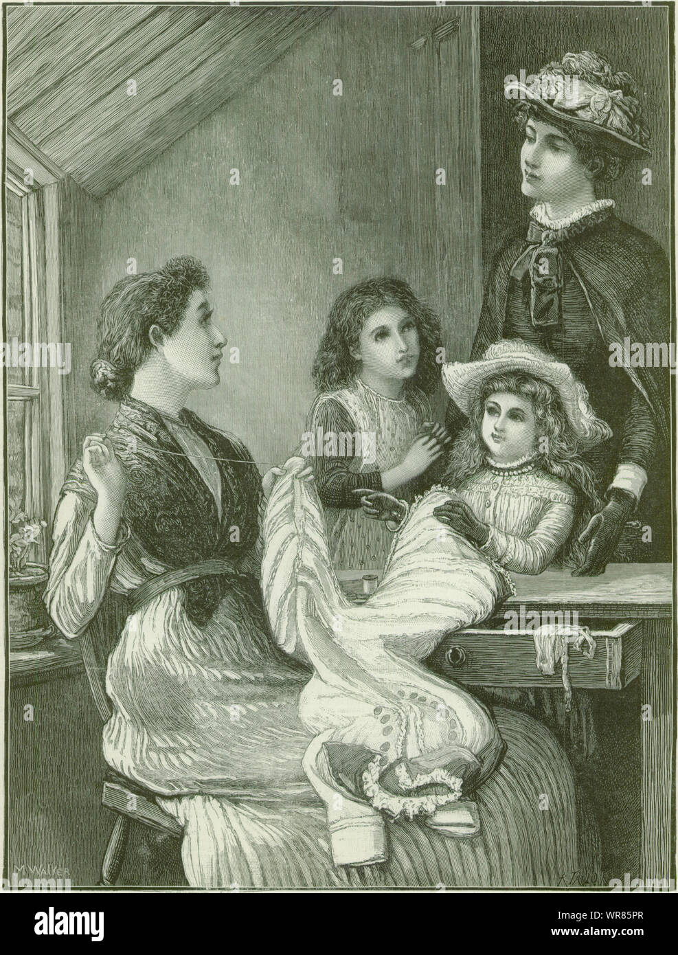 Industrie. Nähen. Familie. Bildende Kunst Antike 1885 ILN volle Seite drucken Stockfoto