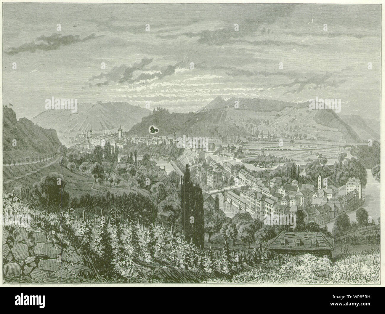 Ansicht von Baden bei Zürich, in der Schweiz antike 1886 ILN volle Seite drucken Stockfoto