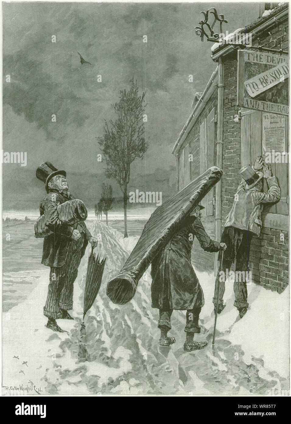 Verkauft. In der Kälte und das nächste Haus 3 Meilen entfernt, von R.C.Woodville 1886 Stockfoto