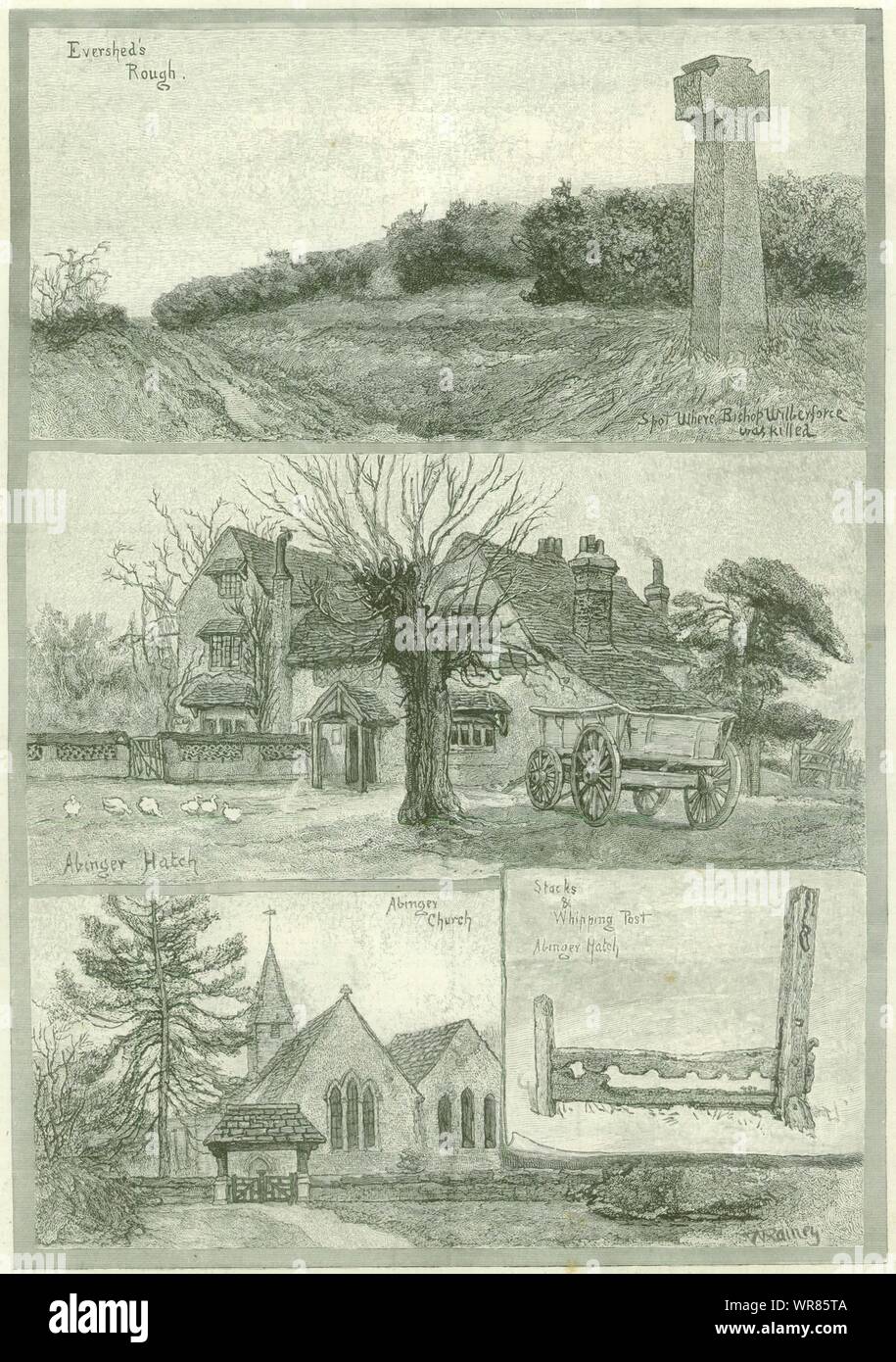 Abinger, Surrey. Die rauhen Evershed Abinger Luke Kirche Stocks post 1885 Spannend Stockfoto