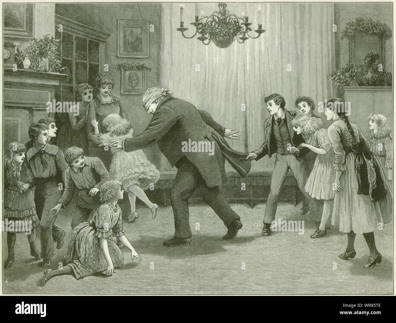 Der blinde Mann Buff. Ein toben nach dem Abendessen. Familie. 1887 Antike ILN volle Seite drucken Stockfoto