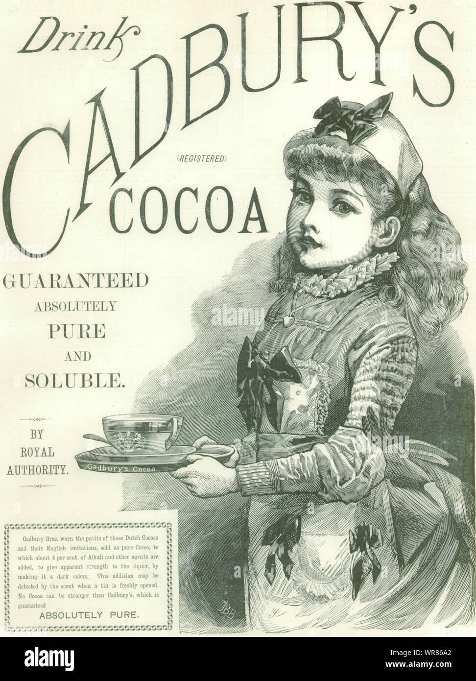 Getränke Cadbury Cocoa. Absolut rein Garantiert & löslich. Werbung 1888 Stockfoto