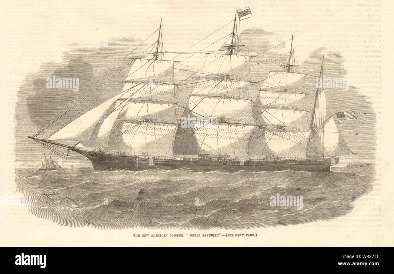 Die neue amerikanische Clipper 'Große Republik'. Schiffe. USA 1855 ILN volle Seite drucken Stockfoto