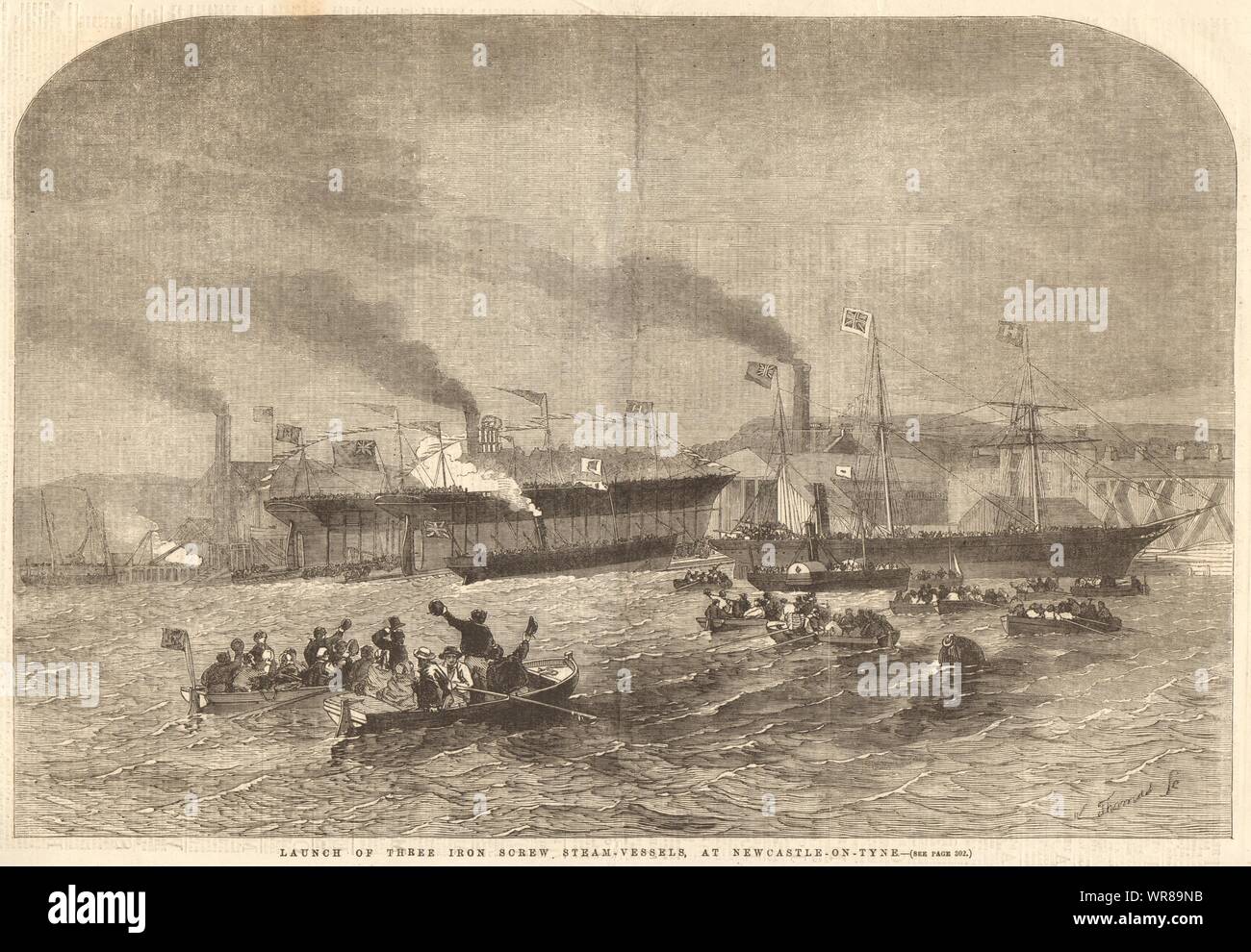 Markteinführung von drei Eisen schraube Dampf - Schiffen, in Newcastle-on-Tyne. Schiffe, 1856 Stockfoto