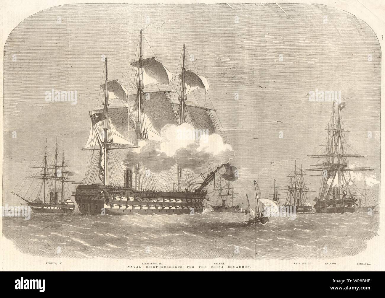 Naval Verstärkungen für die China Squadron. Schiffe 1857 Antike ILN volle Seite Stockfoto