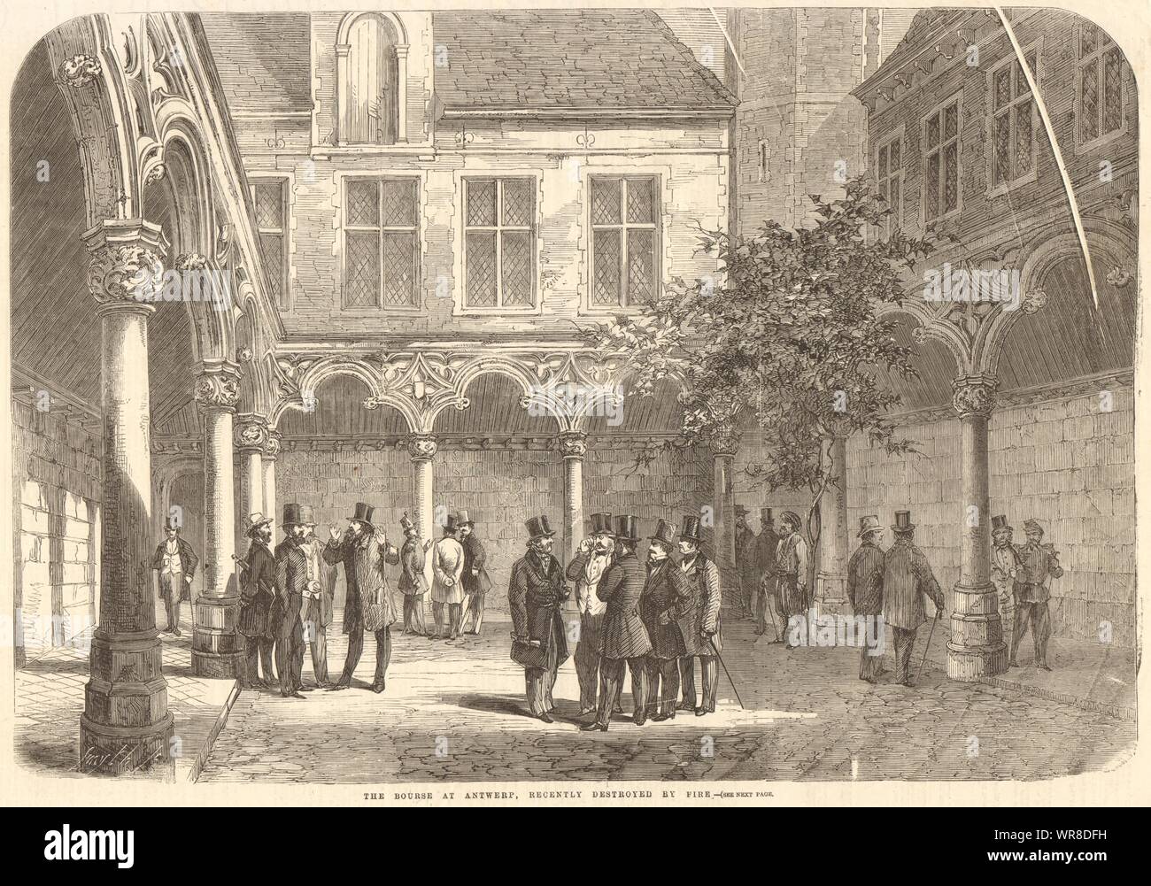 Die Börse in Antwerpen, die vor kurzem durch Feuer zerstört. Belgien. Finanzen 1858 Stockfoto