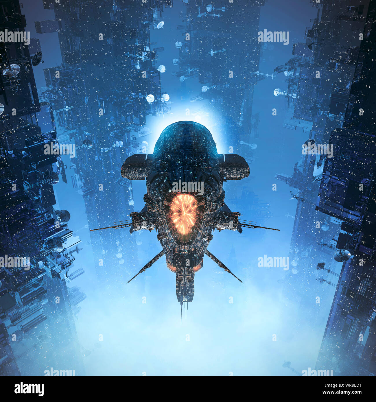 Kreuzfahrt die Vororte/3D-Darstellung der Science Fiction schwer gepanzerten Schlachtkreuzer Raumschiff durch futuristische Stadt fliegen Stockfoto