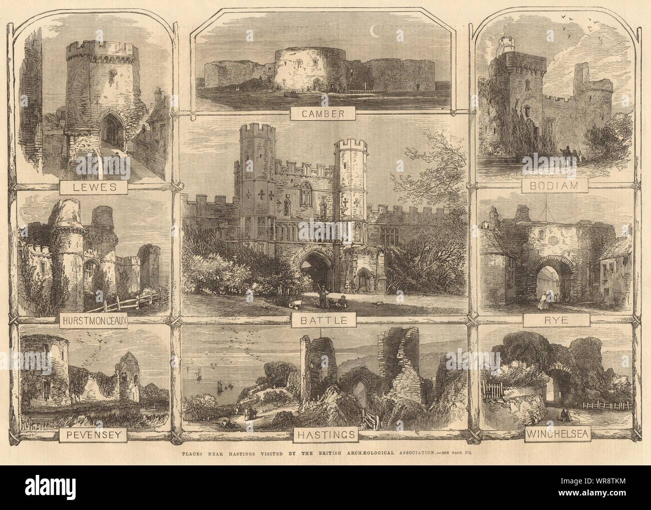 Sussex Burgen. Lewes Sturz Bodiam Roggen Schlacht Pevensey Hastings Winchelsea 1866 Stockfoto