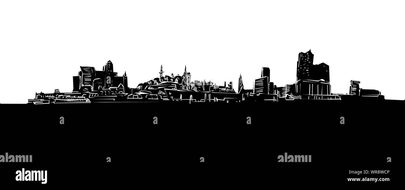 Hamburg Panorama Silhouette Zeichnung. Handgezeichneten Darstellung in der Form eines Holzschnitt für Digital und Print Projekte. Stock Vektor