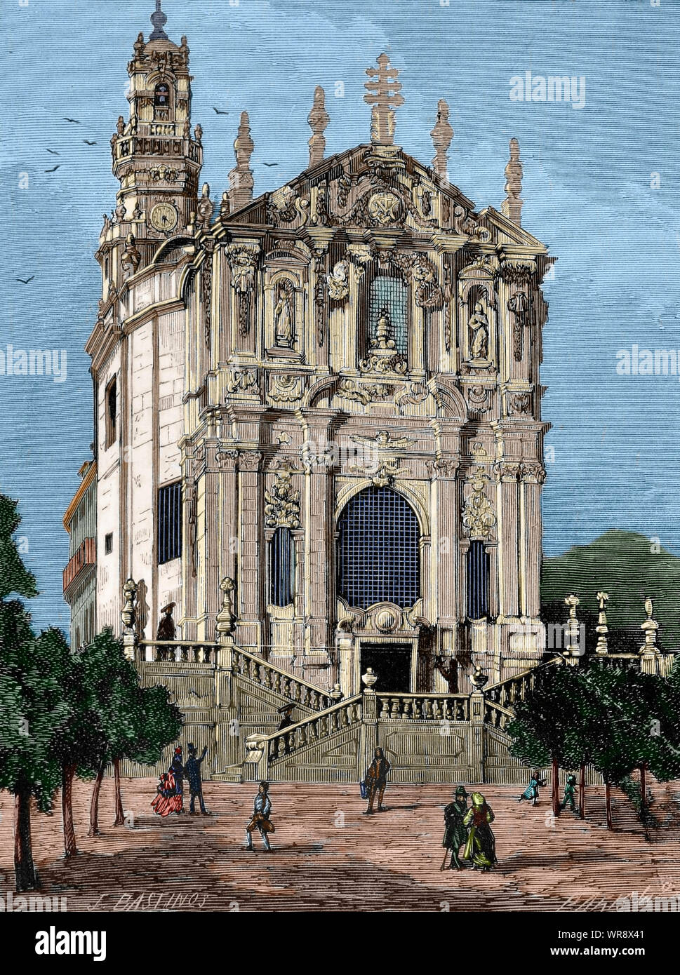 Portugal, Porto. Clerigos Kirche. Sein Bau begann im Jahre 1732 und wurde 1750 abgeschlossen. Es war für die Bruderschaft der Clerigos (Klerus) im barocken Stil erbaut vom italienischen Architekten Nicolau Nasoni (1691-1773). Der Glockenturm, die sogenannten Torre dos Clerigos, war das höchste Gebäude in Portugal, als es im Jahre 1763 vom selben Architekten abgeschlossen wurde, Nicolau Nasoni. Zeichnung von J. Bastinos. Kupferstich von Marcelo Paris. La Ilustracion Española y Americana, 30. Juli 1876. Später Färbung. Stockfoto