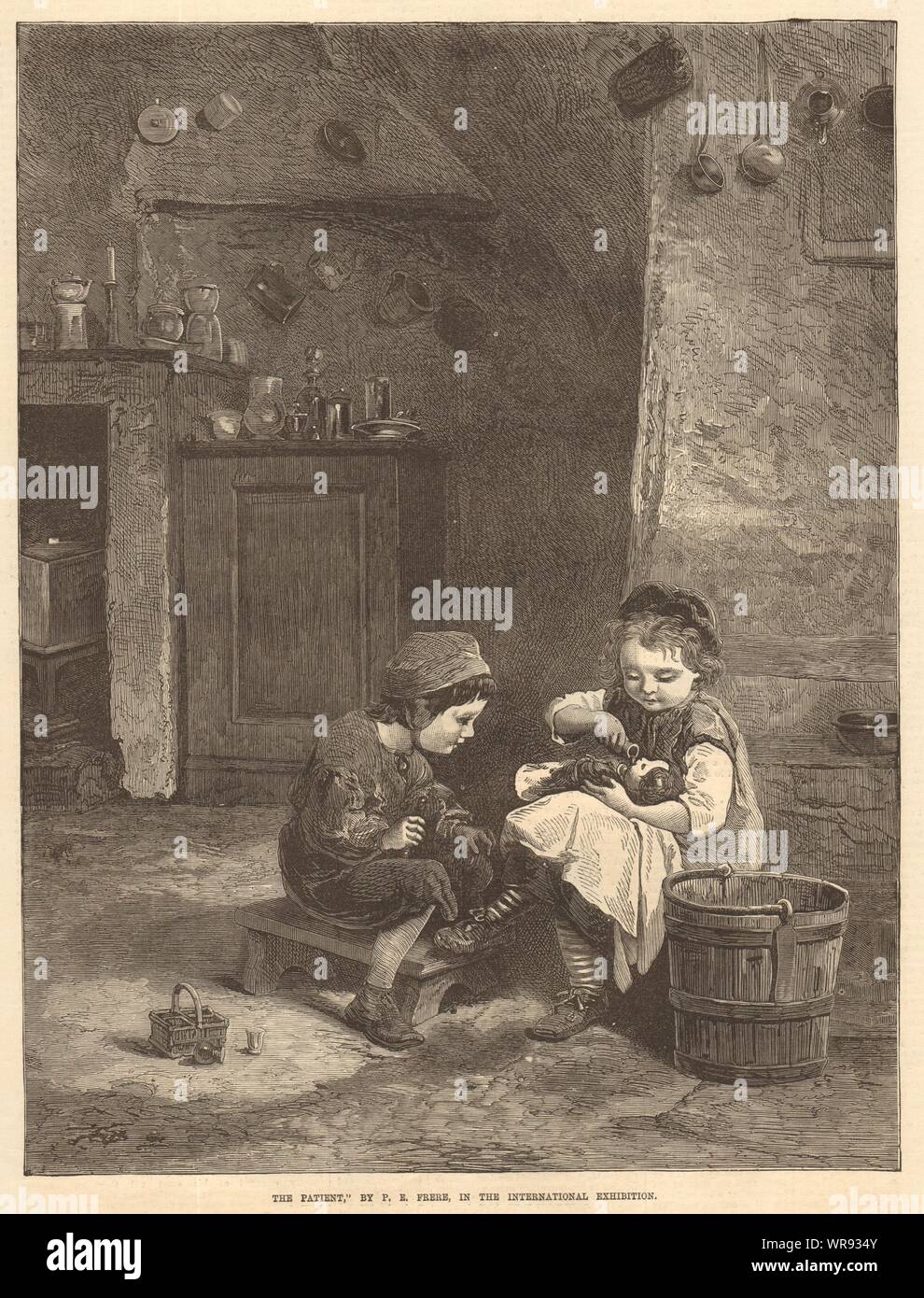 "Die Patienten", von S. E. Frere. Familie. Medizin 1871 Antike ILN volle Seite Stockfoto