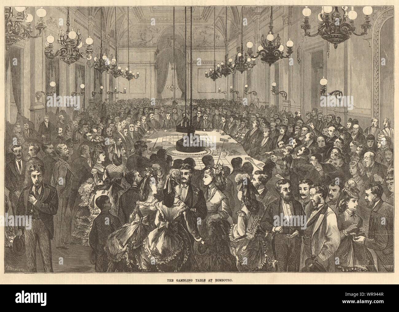 Die gambing Tisch in Homburg. Saarland. Glücksspiel 1871 Antike ILN volle Seite Stockfoto