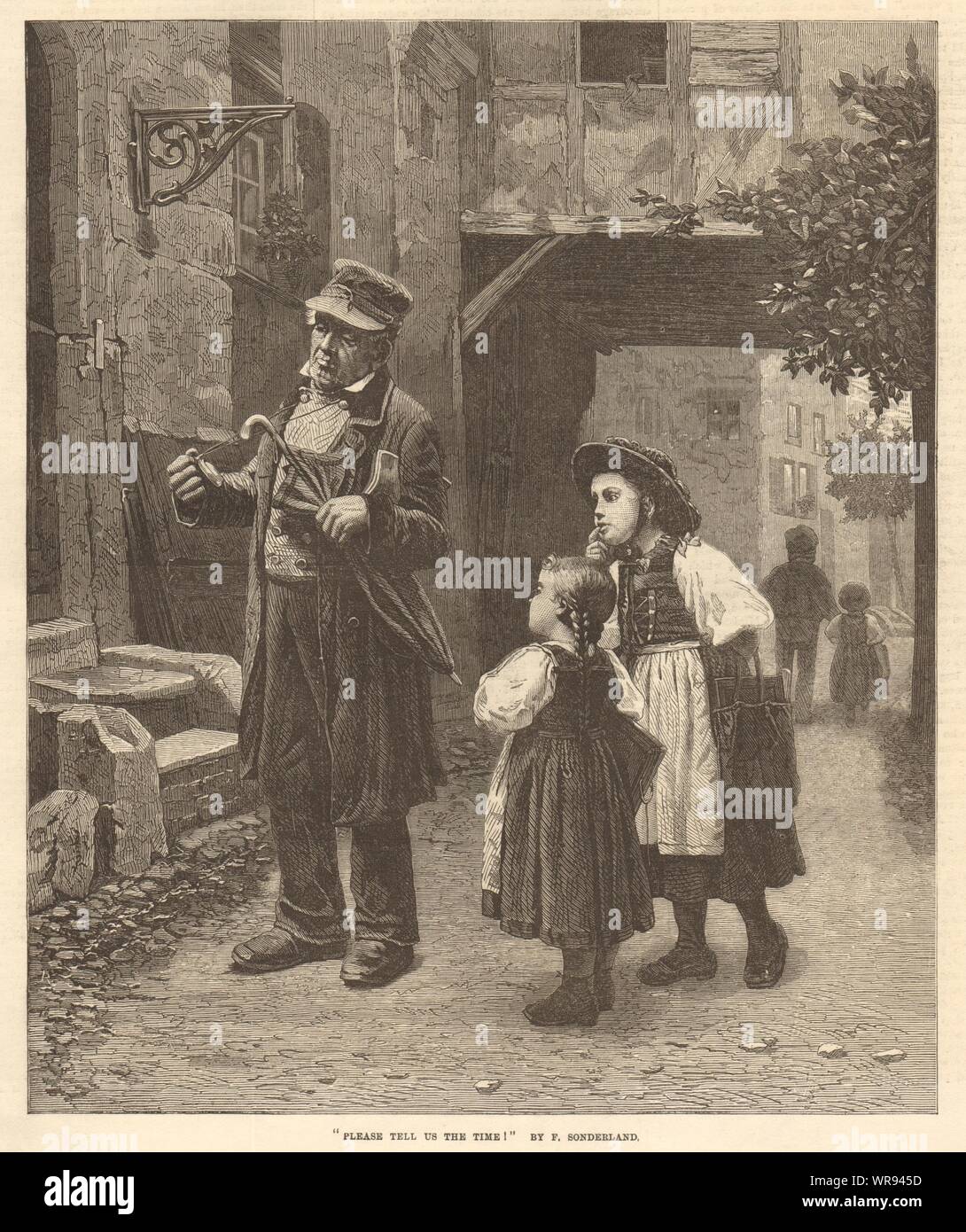 "Bitte teilen Sie uns die Zeit", von F. Sonderland. Kinder. Kinder 1871 ILN drucken Stockfoto