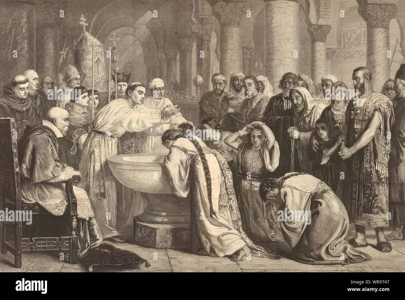 Die obligatorische Taufe der Mauren nach der Eroberung von Granada. Edwin Lange 1873 Stockfoto