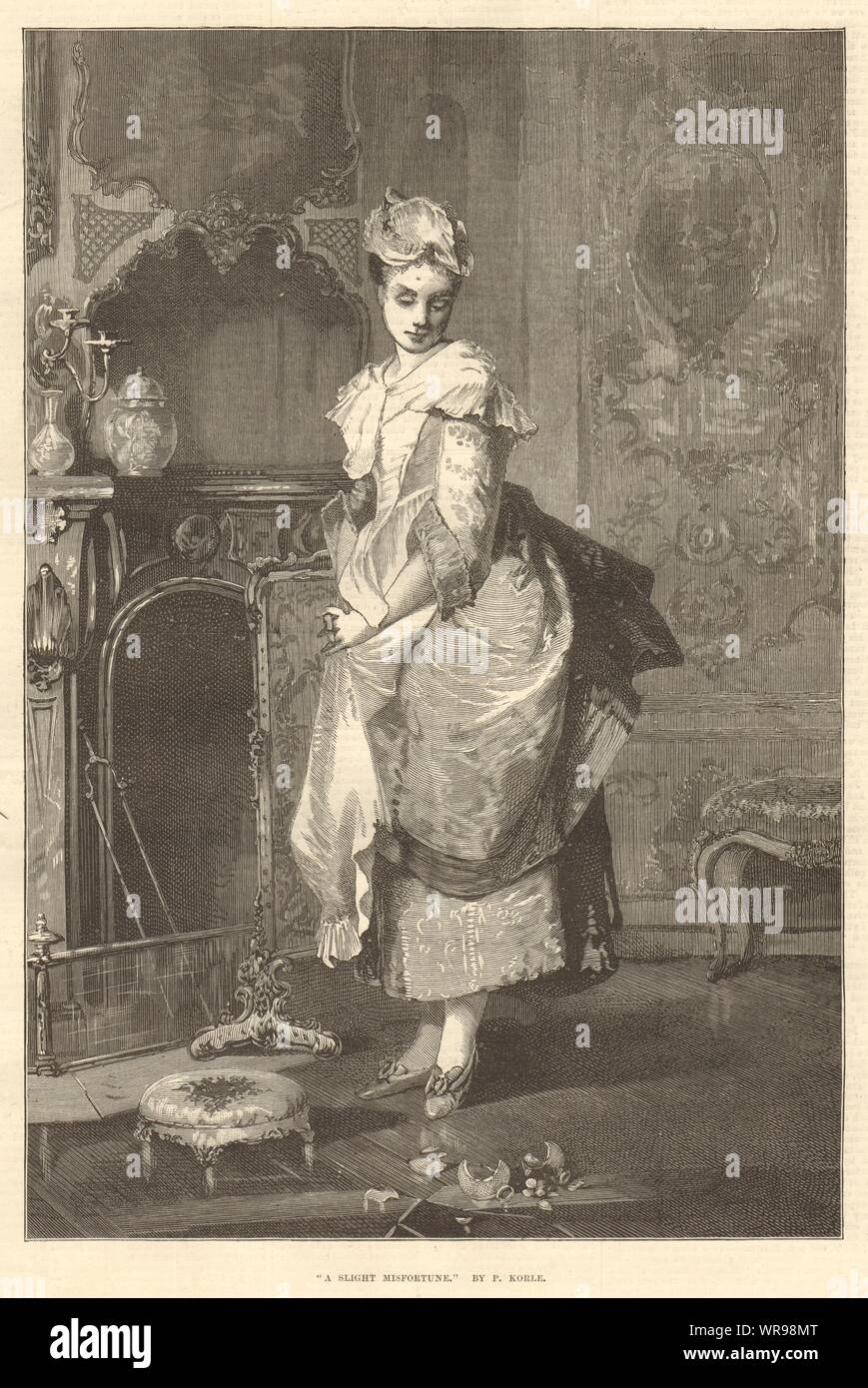 "Eine leichte Unglück". Von s. Korle. Zerbrochene vase blumen 1874 Antike ILN Seite Stockfoto