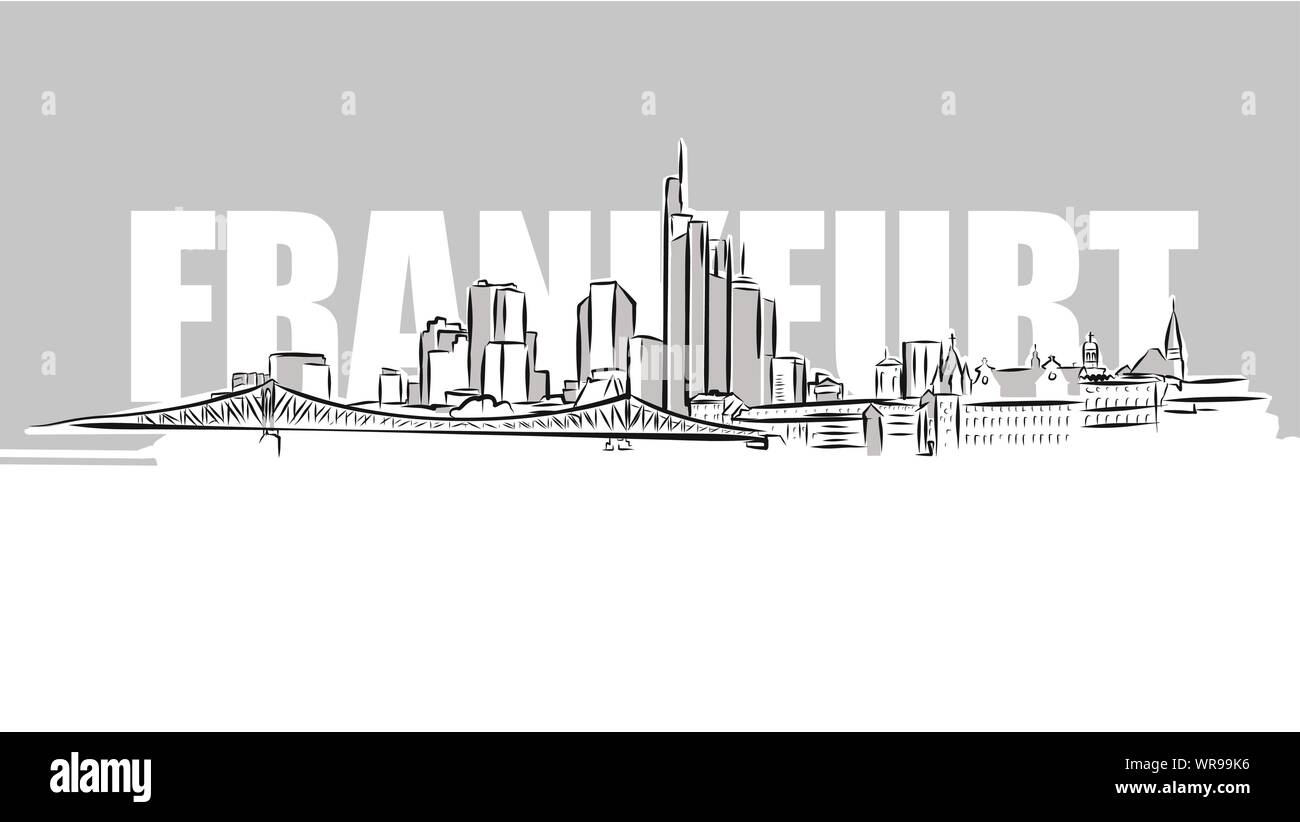 Frankfurt am Main Skyline Panorama Skizze. Hand gezeichnet Vector Illustration. Stock Vektor