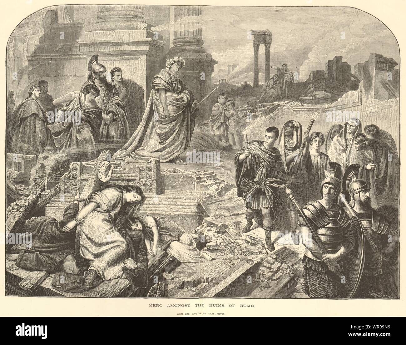 Nero unter den Ruinen von Rom. Aus dem Bild von Karl Piloty. Classics 1874 Stockfoto