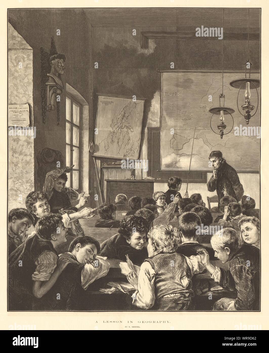 Eine Lektion in Geographie, von E.Hertel. Kinder. Bildung 1876 Antike ILN Seite Stockfoto