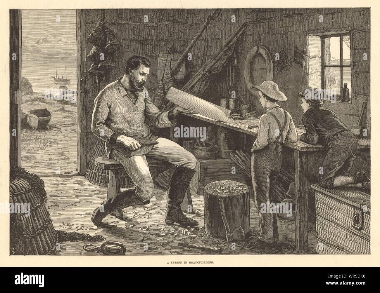 Eine Lektion in der Boot-Gebäude. Bildung 1877 Antike ILN volle Seite drucken Stockfoto