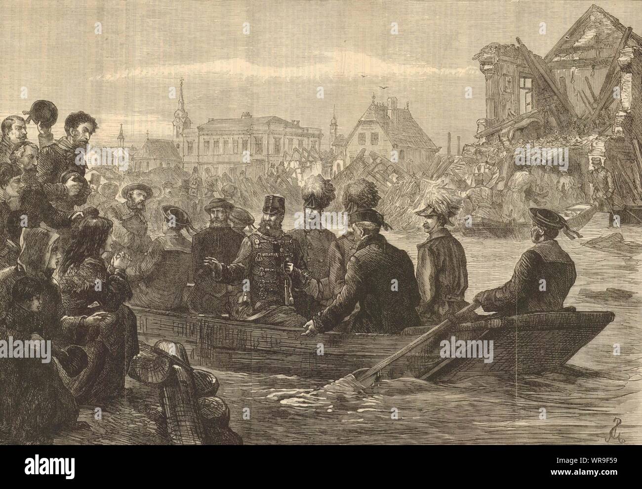 Kaiser von Österreich in Szeged Seghedin Segedin während der Flut. Ungarn 1879 Stockfoto