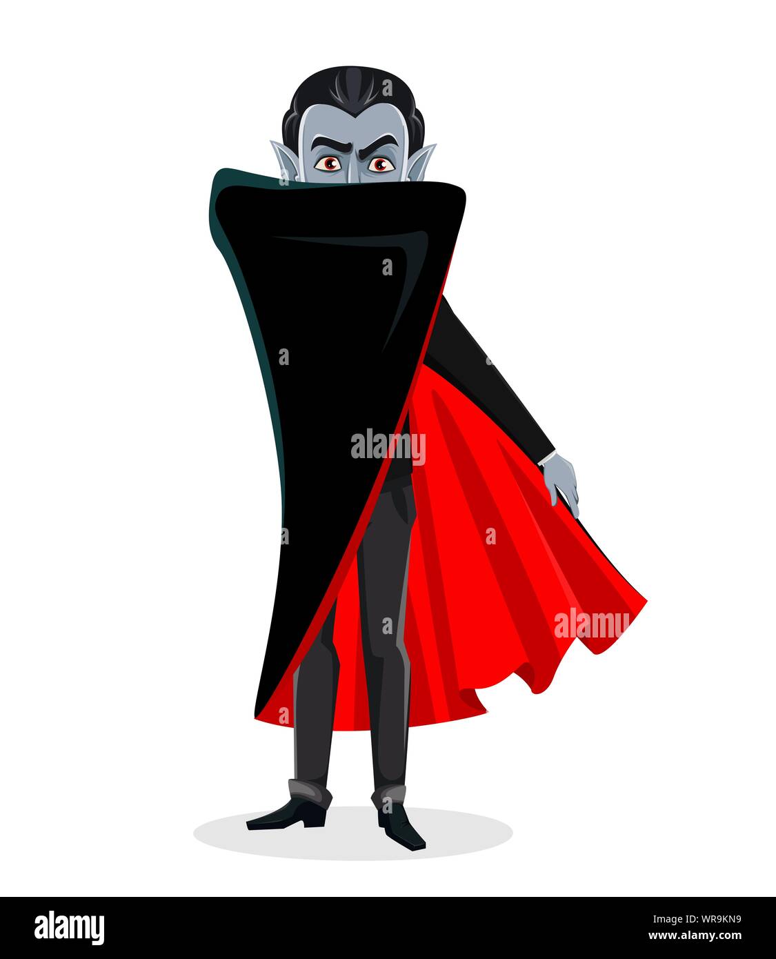 Happy Halloween. Vampire Zeichentrickfigur in rotem Umhang versteckt sein Gesicht hinter Cape. Vector Illustration auf weißem Hintergrund Stock Vektor
