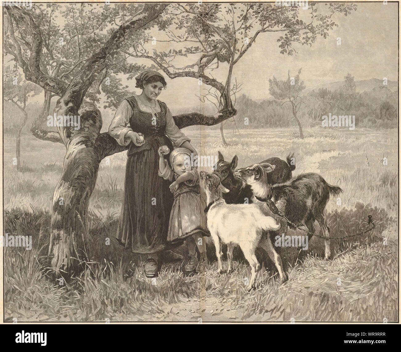 "Belagert", die von F. Morgan. Royal Academy Ausstellung. Kinder Ziegen Äpfel 1884 Stockfoto