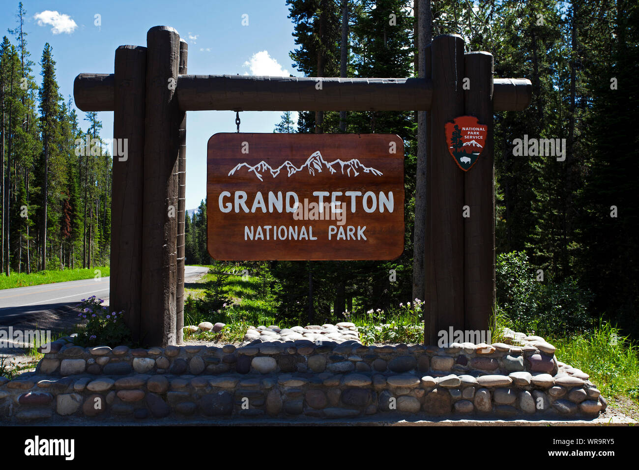 Schild am Eingang zum Grand Teton National Park Wyoming USA Juni 2015 Stockfoto