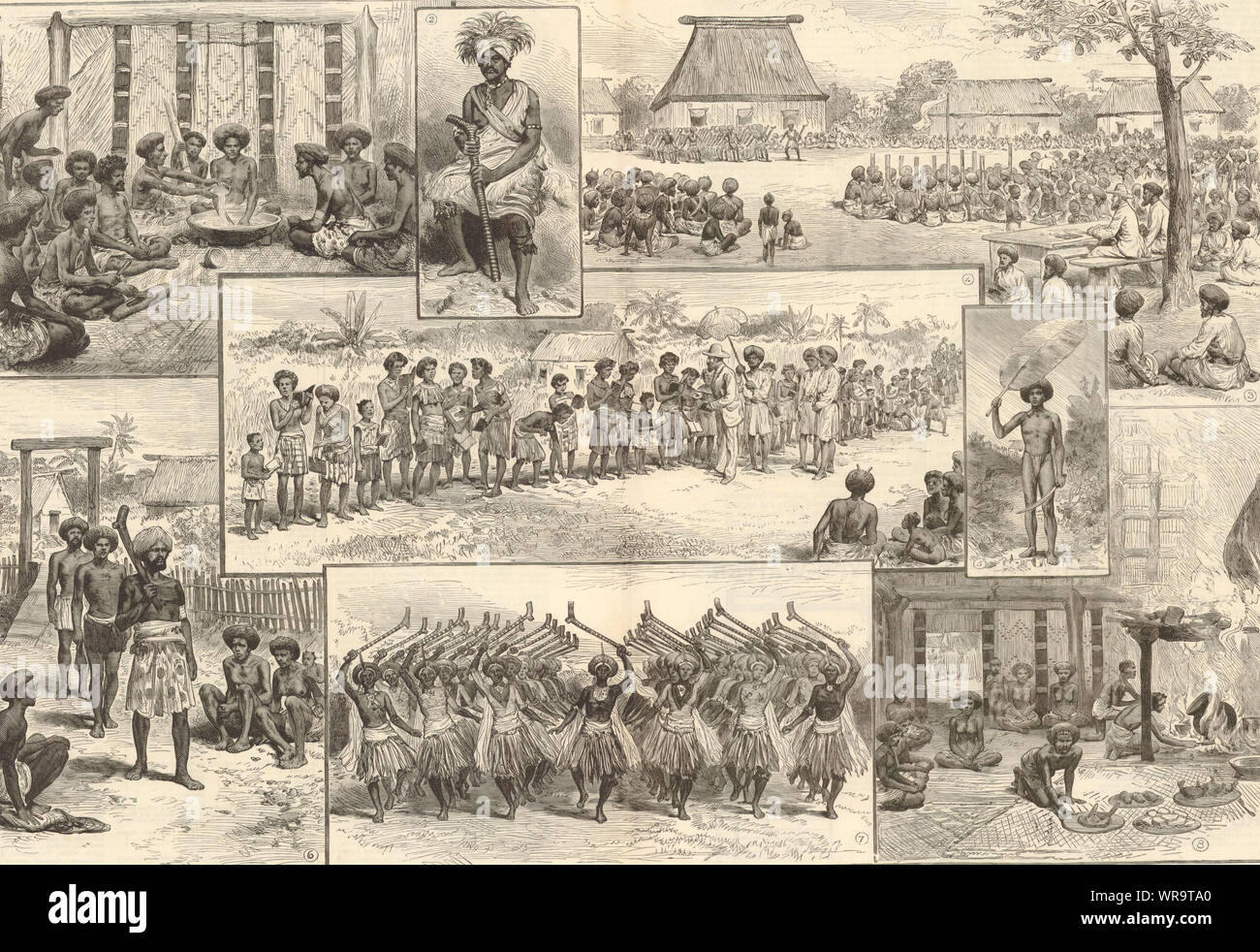Skizzen der fidschianischen Leben. Vorbereitung Kava. Krieg Tanz: sambeto Toka-toka 1885 Stockfoto