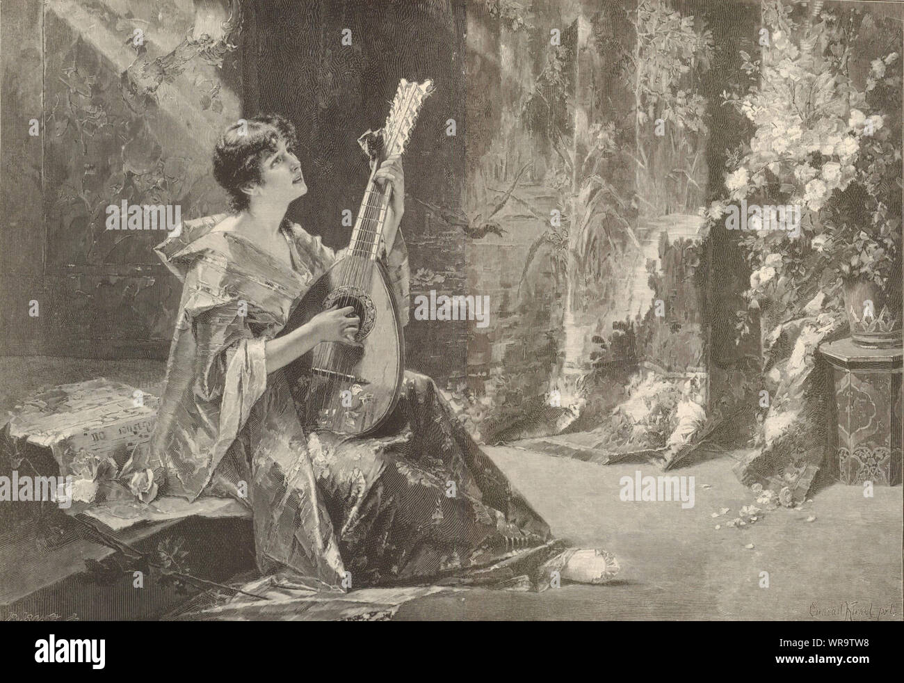 La Mandolinata. Musikinstrumente antike 1888 ILN volle Seite drucken Stockfoto