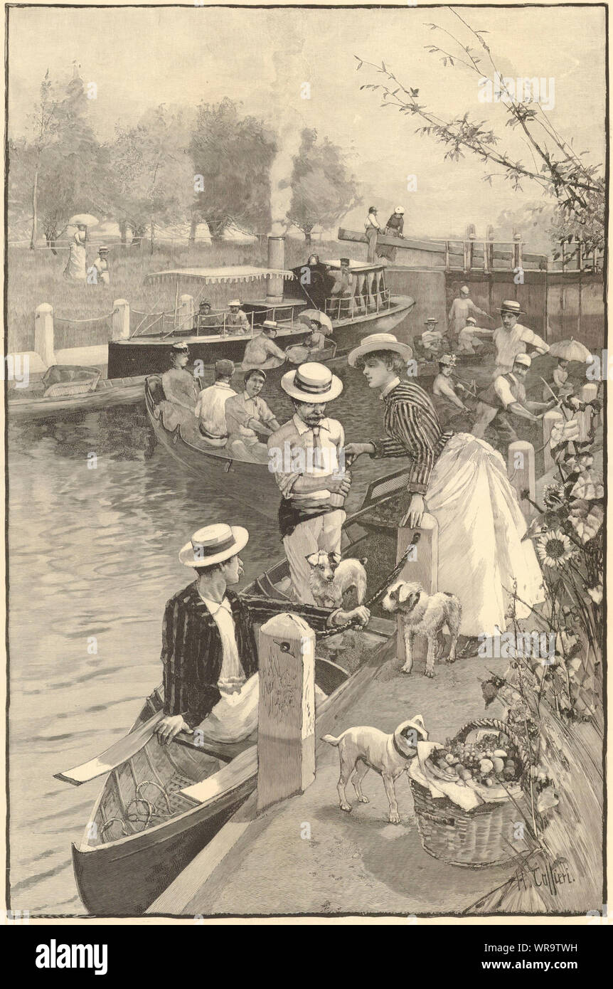 Auf dem Fluss. Die Gesellschaft. Boote Bootsfahrer 1889 Antike ILN volle Seite drucken Stockfoto
