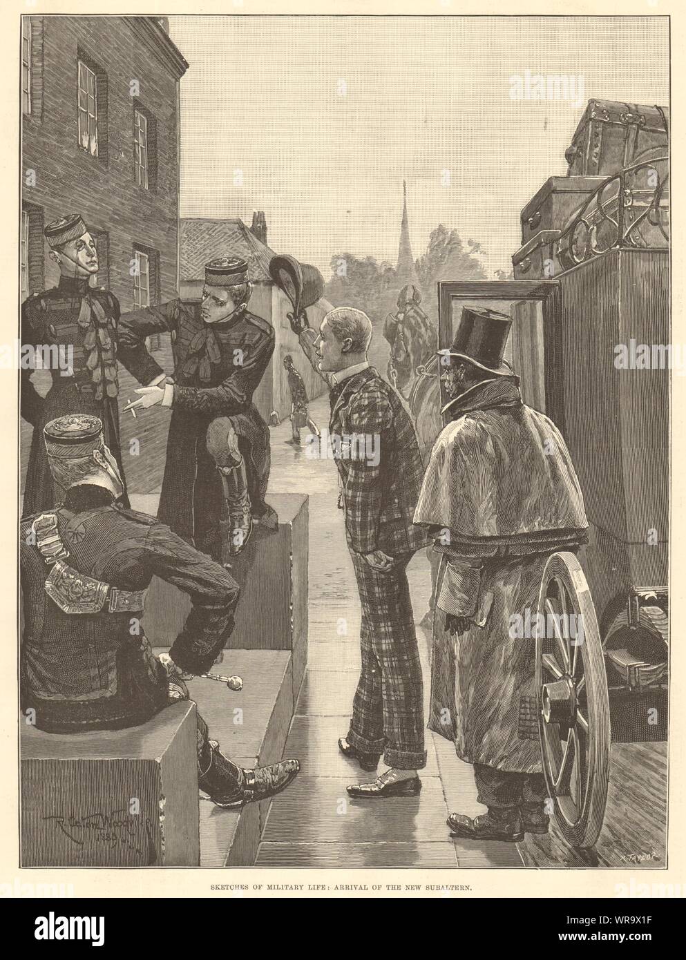 Militärisches leben: Ankunft des neuen Subalternen. Britischen Armee. Militaria 1890 Stockfoto