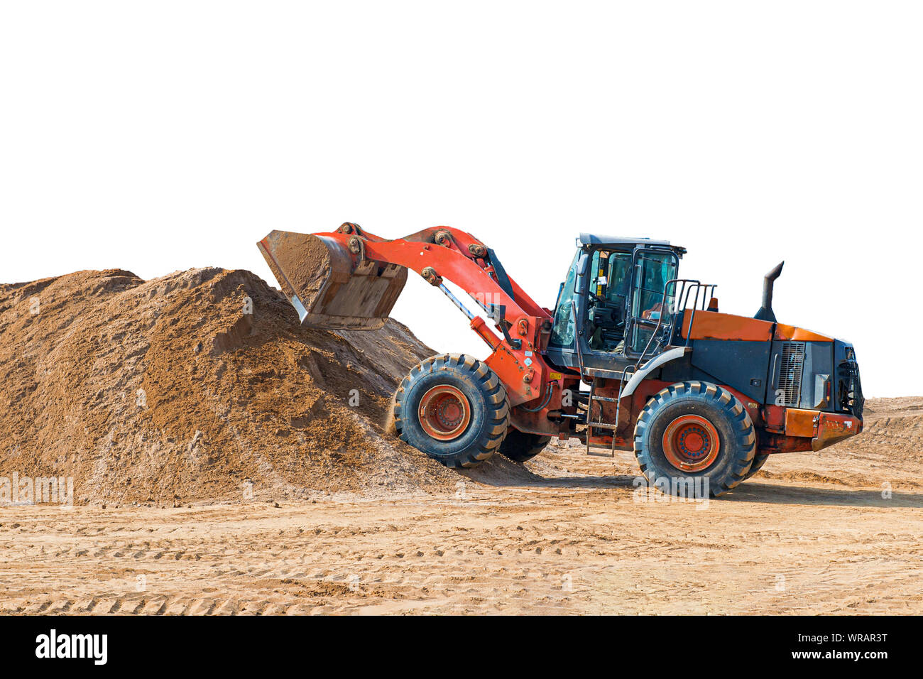 Baggerlader oder Bulldozer, Bagger mit Beschneidungspfaden auf weißem Hintergrund. die Arbeiten auf der Baustelle oder Sandkasten. Stockfoto