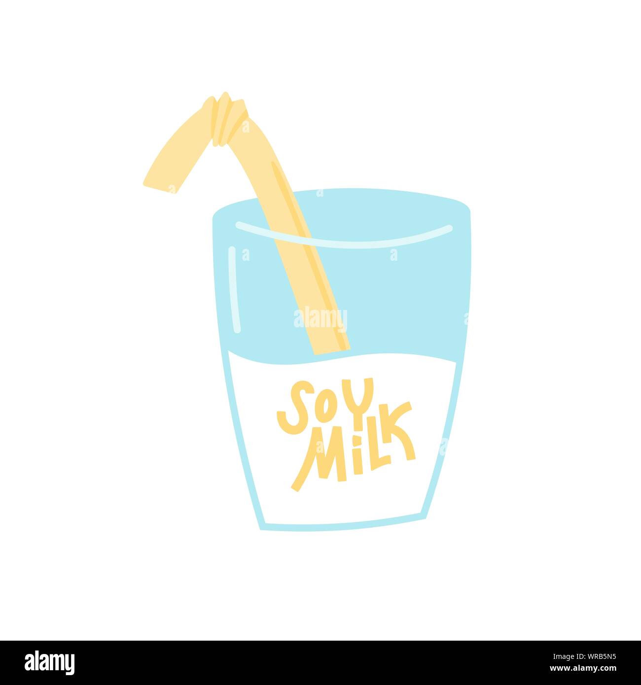 Glas mit Sojamilch und handgezeichneten Schriftzug. Doodle Stil, bunte ...