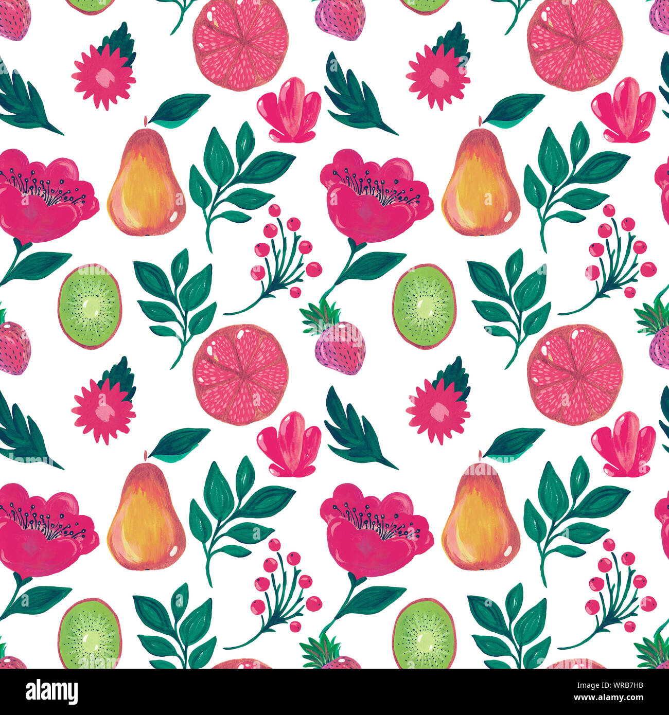 Nahtlose Muster. Abbildung: handgemalt Acryl- und Gouachefarben. Exotische Früchte kiwi Grapefruit Erdbeere Birne auf weißem Hintergrund. Design für digitale p Stockfoto