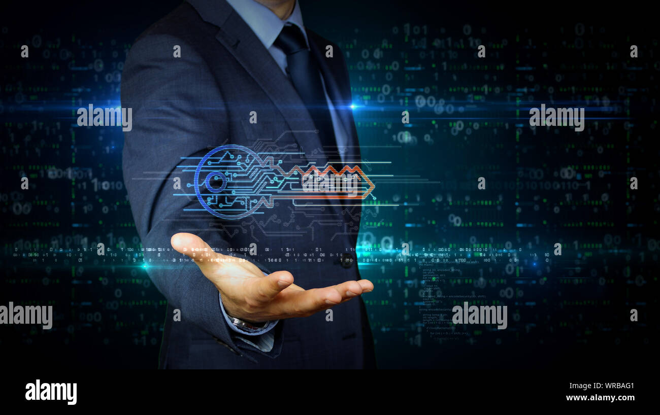 Ein Geschäftsmann im Anzug Touchscreen mit cyber Schlüsselsymbol Hologramm. Mann mit Hand auf virtuelle Darstellung der Schnittstelle. Computer Sicherheit, Verschlüsselung und Pa Stockfoto