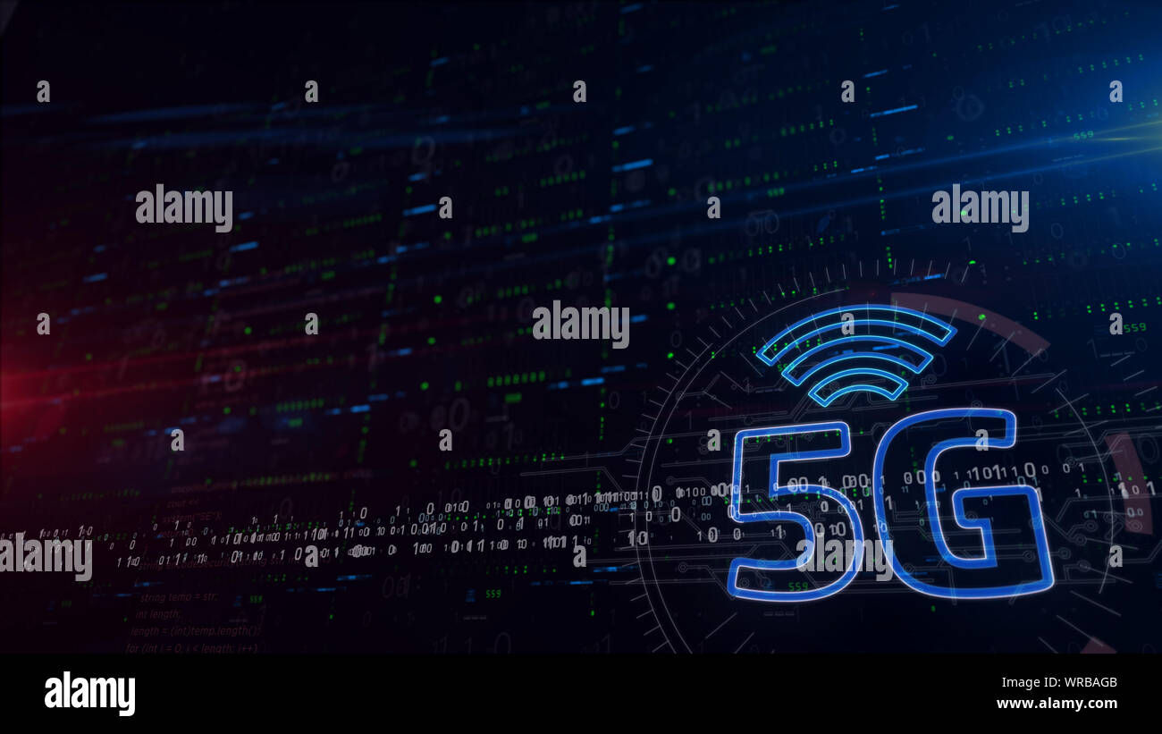 5G Mobile Kommunikation 3d-Abbildung. Digitale Hintergrund mit Platz für Inhalte. Abstrakte futuristisches Konzept des drahtlosen Netzwerks, Daten übermitteln Stockfoto