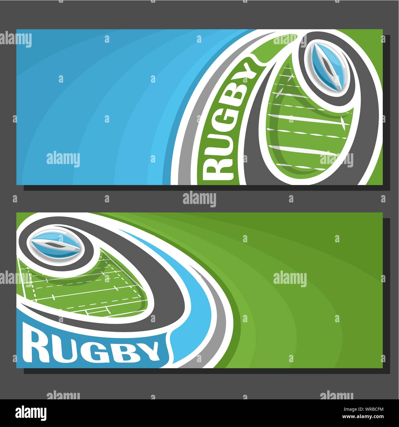 Vektor Banner für Rugby Spiel: geworfen Blau rugby ball auf Kurvenbahn fliegen über dem Sportplatz auf der Grünen abstrakt Hintergrund. Stock Vektor